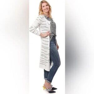 CAbi 5638 B&W Stripe White Long Line cardigan XL